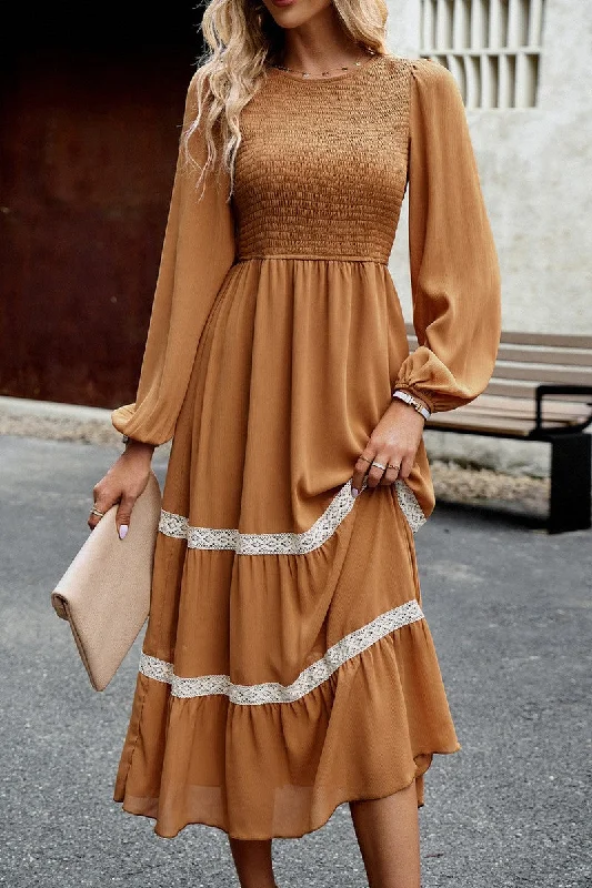 Elegant Long Sleeve Maxi Dress 0537 in Brown Cozy Ruffle Sleeve Maxi Dress