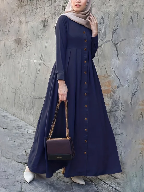 Elegant Puff Sleeve Maxi Dress - Ruched Button Detail - Versatile for Ramadan & Special Occasions - Women's Fashion Elegant Silk Maxi Dress