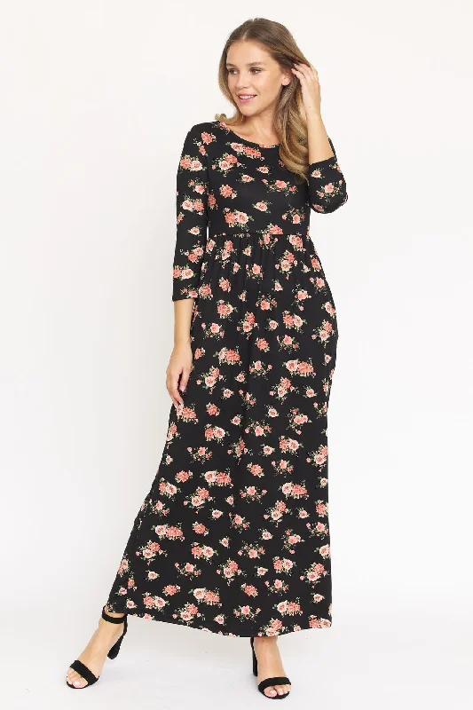 Black Floral 3/4 Sleeve Maxi Dress 1572 Elegant Velvet Maxi Dress