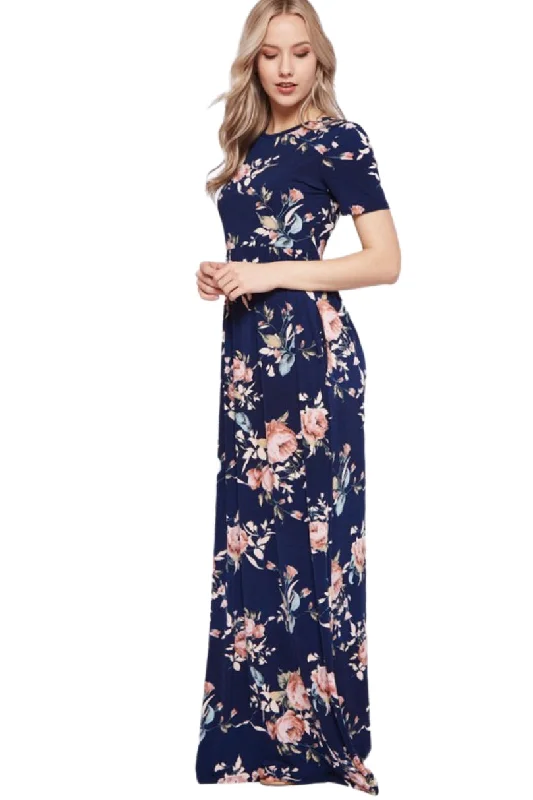 Floral Maxi Dress Style 3515 in Navy Trendy Satin Maxi Dress