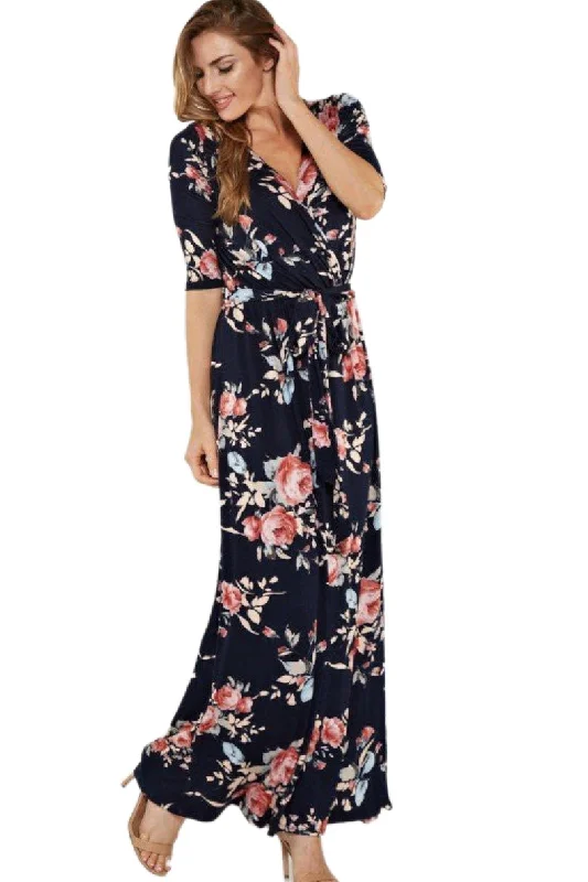 Floral Maxi Dress with Tie in Navy Style 185 Stylish One-Shoulder Maxi Dress