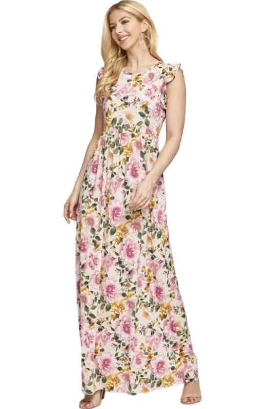 Floral Ruffle Maxi Dress in Cream 3974 Classic V-Neck Maxi Dress