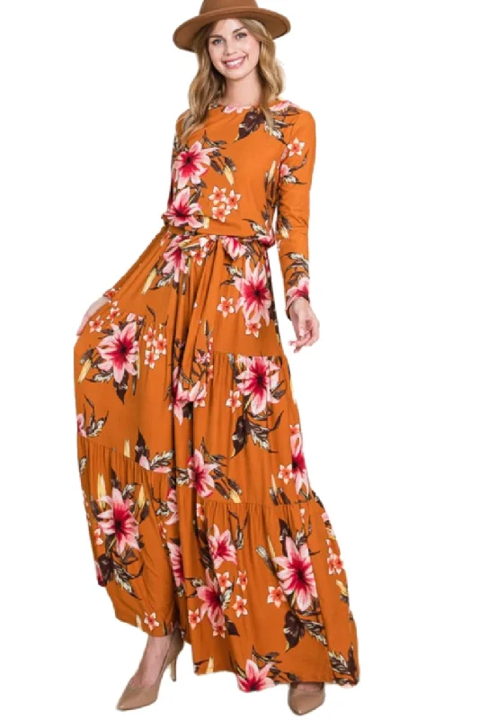 Floral Tiered Maxi Dress Style 4173 in Burgundy or Olive Stylish A-Line Maxi Dress