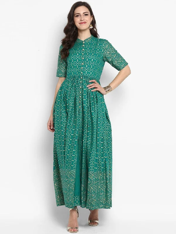 Women's Green Printed Maxi Dress - Meeranshi Cozy Maxi Dress with Slit