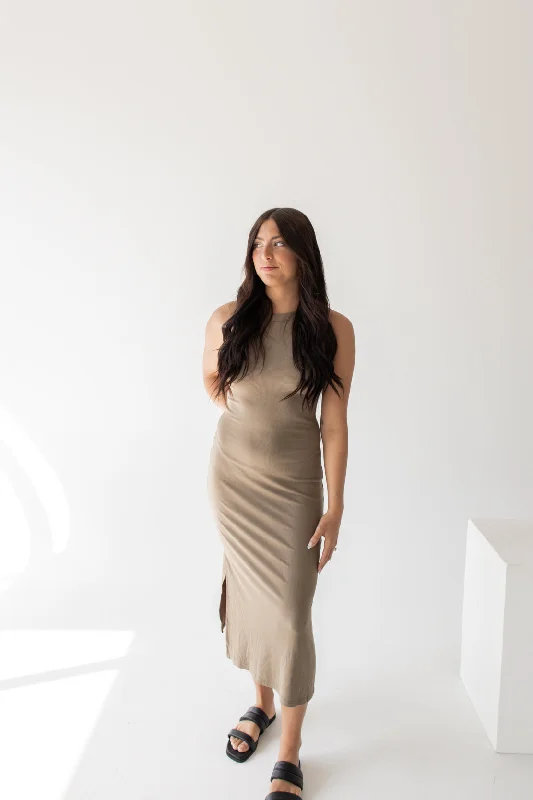 Heather Rib Knit Tank Maxi Dress | Mocha Elegant Maxi Dress with Drapes