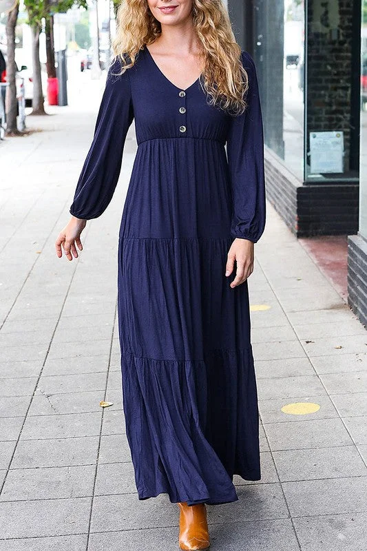 Henley Maxi Dress with Buttons Style 6580 in Black Chic Button-Up Maxi Dress