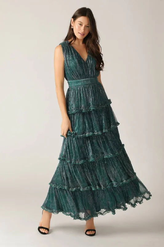 RADIANT SPIRIT WOVEN PLEATED MAXI DRESS Stylish Long Sleeve Maxi Dress