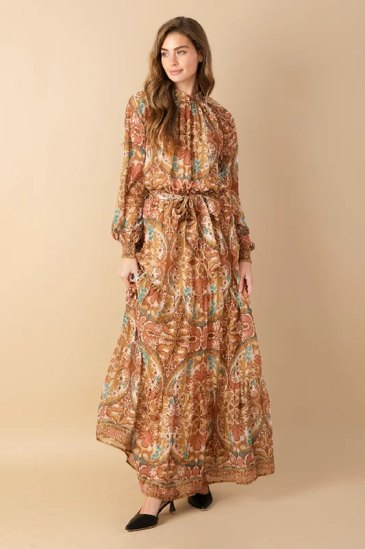 TIMELESS TAPESTRY WOVEN MAXI DRESS Cozy Ruffle Sleeve Maxi Dress