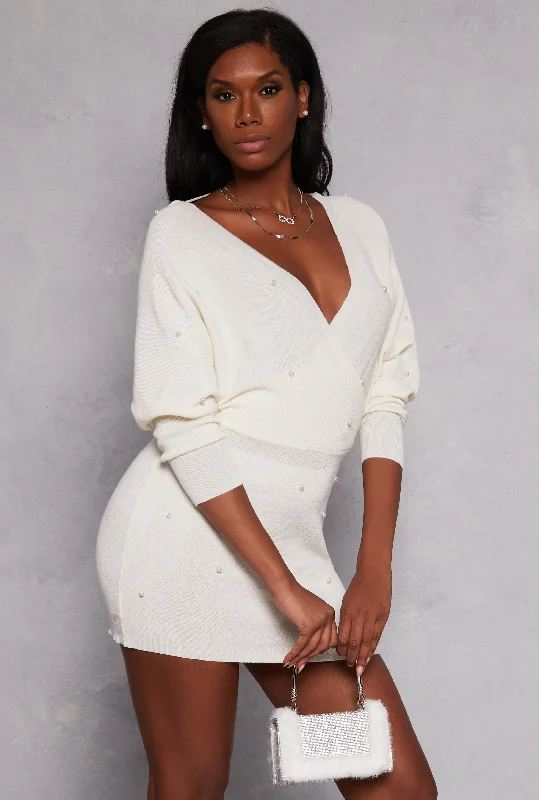 Faux Pearl Long Sleeve Mini Dress Trendy Mini Dress with Belt