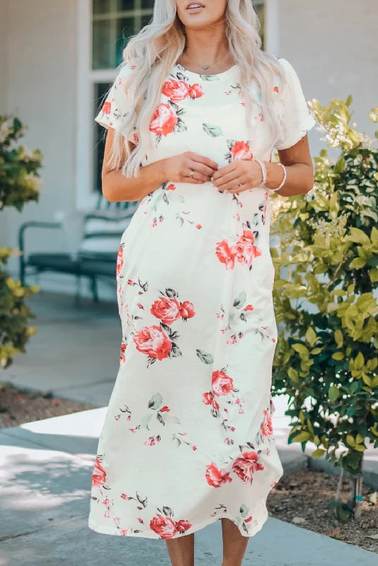 Ivory Floral Maxi Dress 2142 Cozy Ruffle Sleeve Maxi Dress