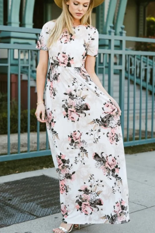 Floral Maxi Dress Style 3515 in Ivory Stylish Maxi Dress with Pleats