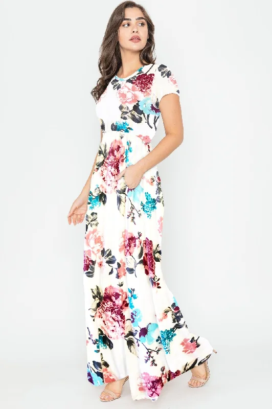 Ivory Floral Short Sleeve Maxi Dress 1436 Trendy V-Neck Maxi Dress