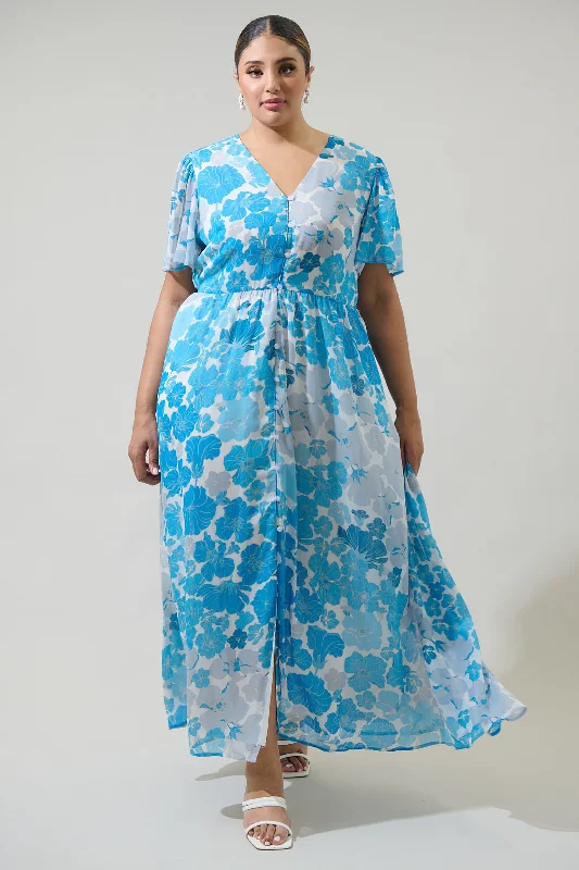 Kerela Floral Linana Button Front Maxi Dress Curve Comfortable Flowy Maxi Dress