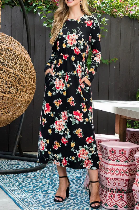 Long Sleeve Rose Floral Maxi Dress Style 7956 in Black Cozy Wrap Maxi Dress