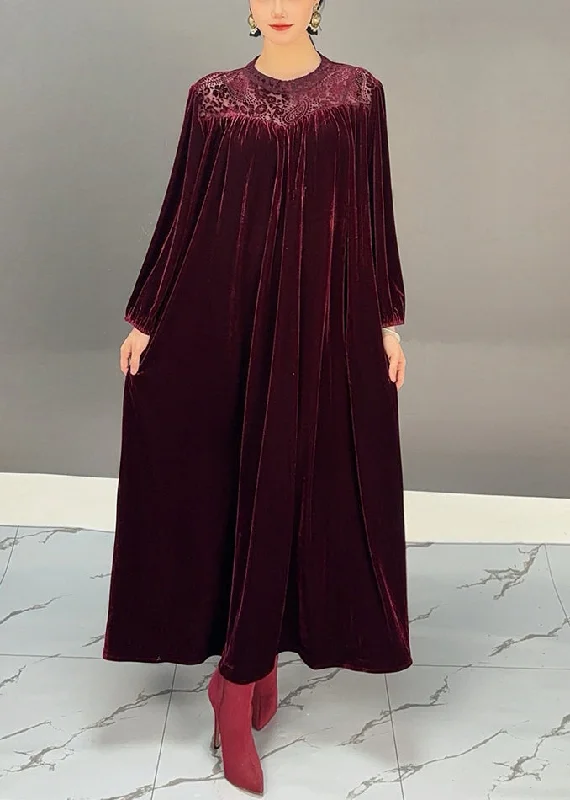 Loose Purple Red O Neck Solid Silk Velvet Maxi Dress Fall Comfortable Bohemian Maxi Dress Loose Purple Red O Neck Solid Silk Velvet Maxi Dress Fall Comfortable Bohemian Maxi Dress