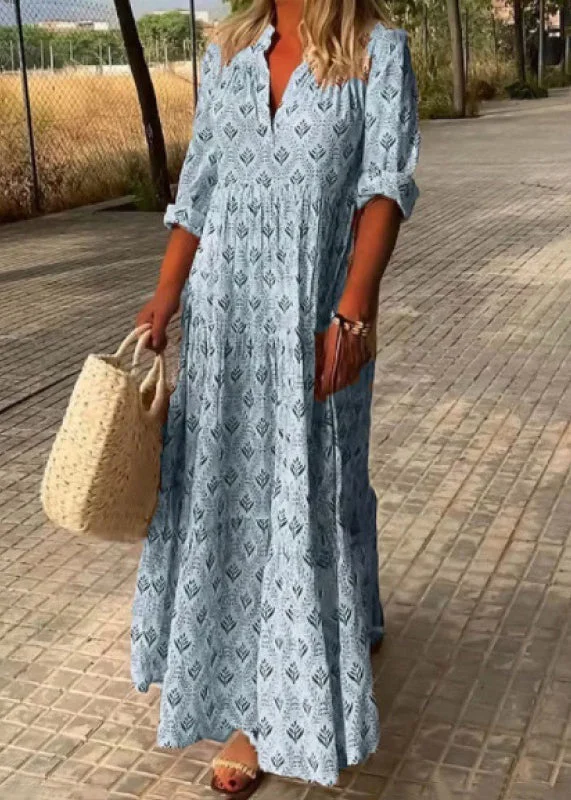 Loose Sky Blue V Neck Print Maxi Dresses Fall QA031 Elegant Maxi Dress with Belt