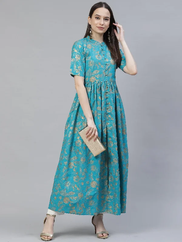 Women's turquoise blue and gold printed maxi dress - Meeranshi Chic Boho Print Maxi Dress