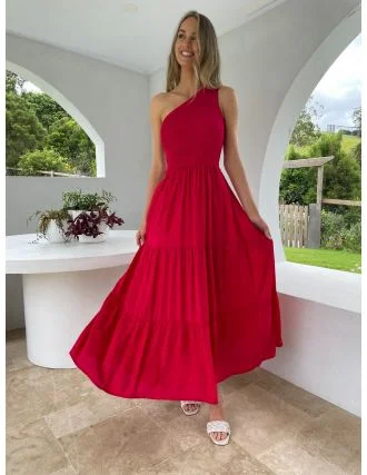 MYLK CIERRA ONE SHOULDER MAXI DRESS RED Trendy Maxi Dress with Belt