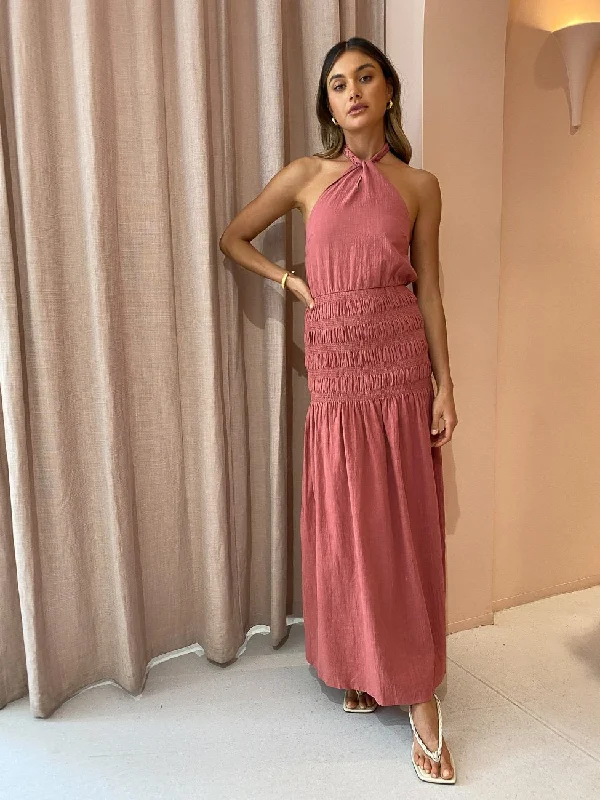 Rose Shirred Maxi Dress in Desert Rose Elegant Pleated Maxi Dress