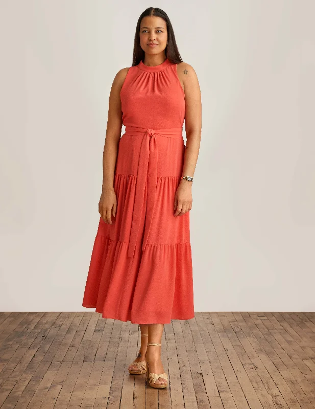 Petite Tiered Tie Neck Maxi Dress Stylish Button-Up Maxi Dress