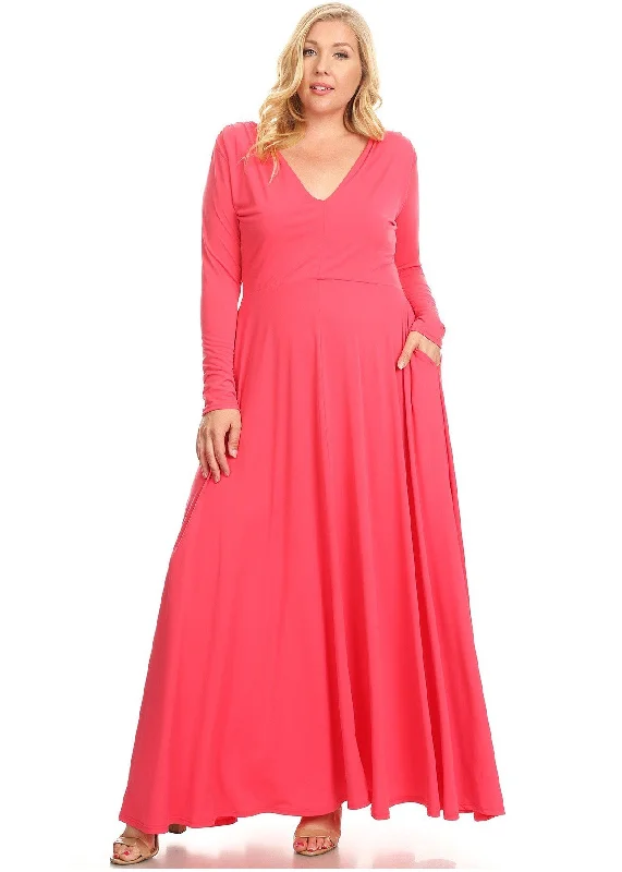 Plus Size Long Sleeves V-Neck Flare Maxi Dress Cozy Maxi Dress with Slit