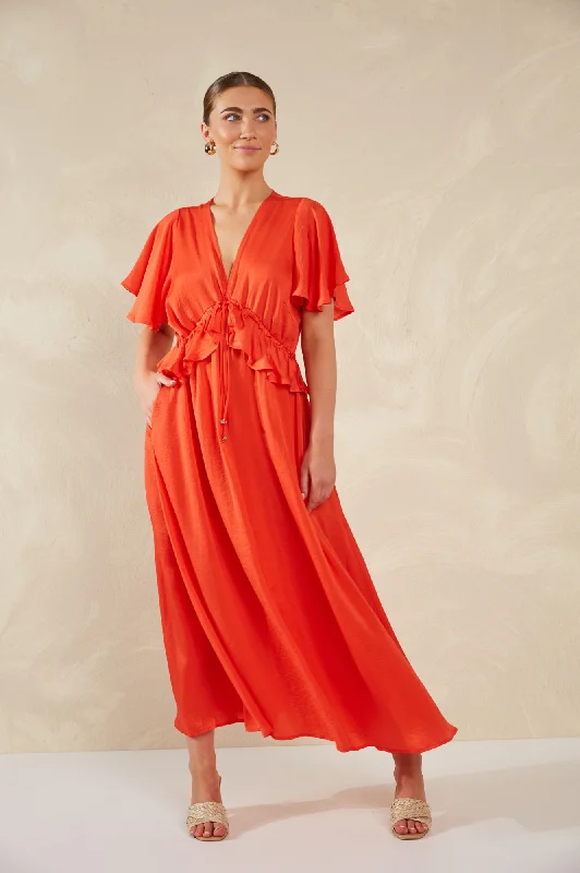 Portofino Frill Maxi Dress - Aperol Stylish Pleated A-Line Maxi Dress