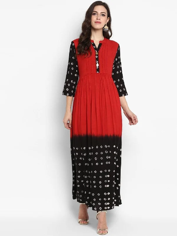 Women's Red Printed Maxi Dress - Meeranshi Stylish Pleated A-Line Maxi Dress