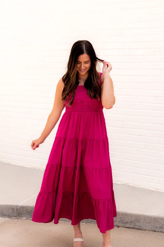 Isabel Tiered Maxi Dress | Magenta Cozy Spaghetti Strap Maxi Dress