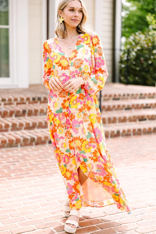 See You Then Yellow Floral Maxi Dress Comfortable Fitted Maxi Dress