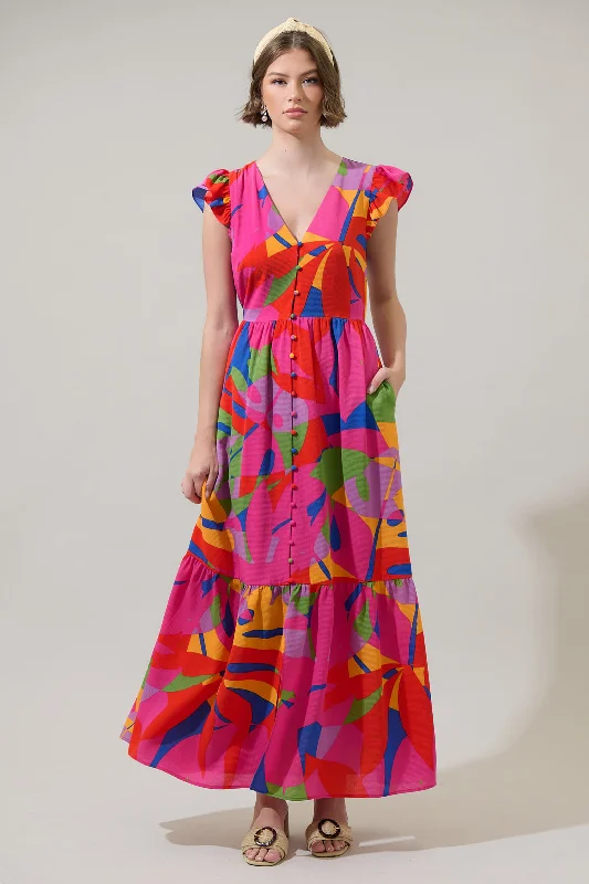 Soleil Abstract Pismo Button Down Flutter Maxi Dress Comfortable Ruffle Hem Maxi Dress