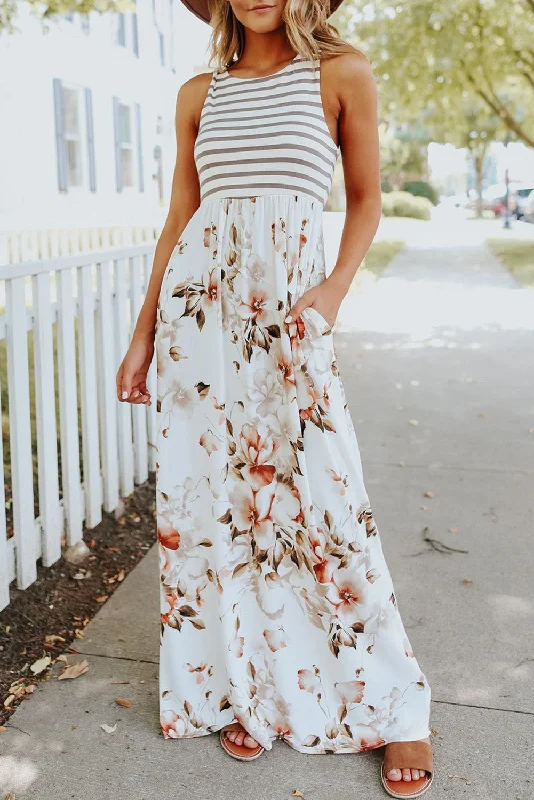 Ivory Floral-Striped Maxi Dress 6791 Elegant Maxi Dress with Pockets