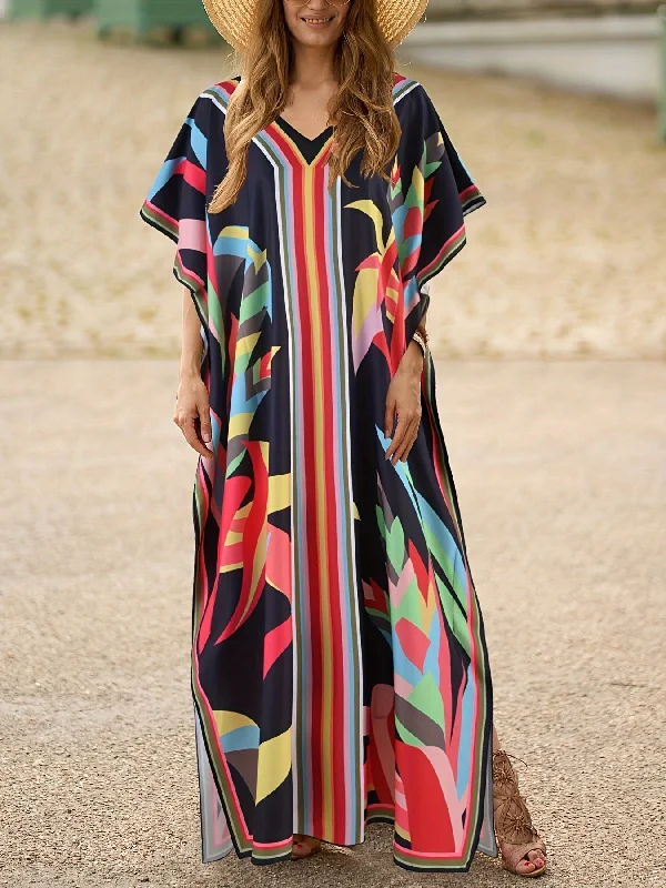 Stunning Allover Print V-Neck Kaftan Maxi Dress - Elegant Batwing Sleeve, Loose Fit, Flowy, Comfortable, Versatile, and Chic - Women's Clothing for Summer, Vacation, and Daily Wear Comfortable Casual Maxi Dress