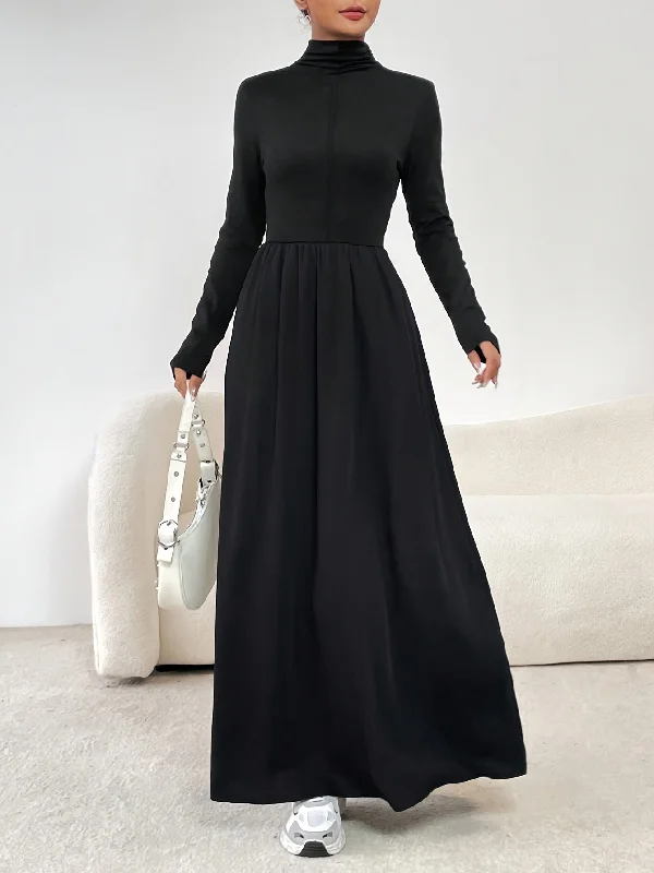 Stunning Cinched Waist Maxi Dress - Elegant Long Sleeve, A-Line Silhouette, Mock Neck Design, Perfect for Spring & Fall, Women's Clothing for Chic Occasions Stylish Boho Maxi Dress