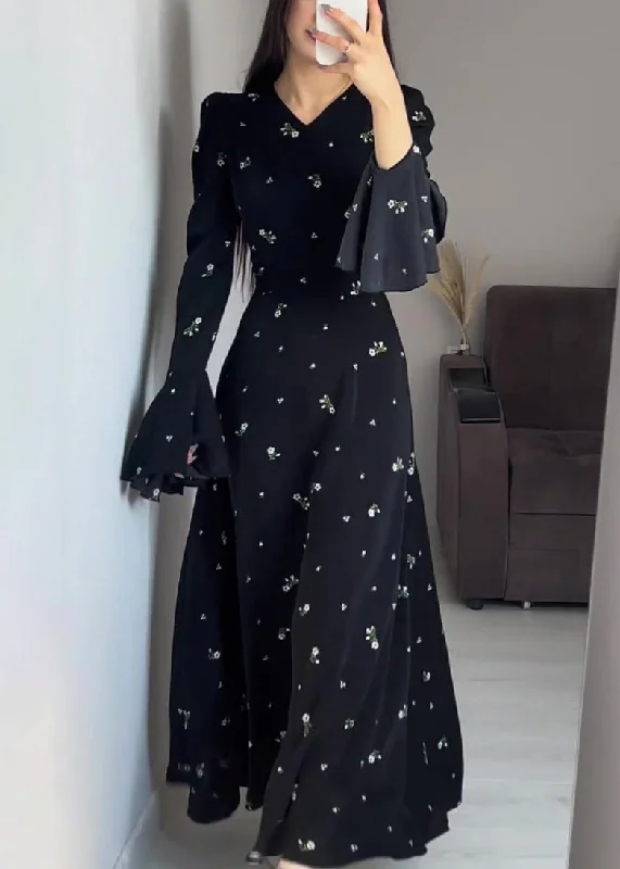 Stylish Black V Neck Print Cotton Maxi Dresses Butterfly Sleeve QL010 Chic Sleeveless Maxi Dress