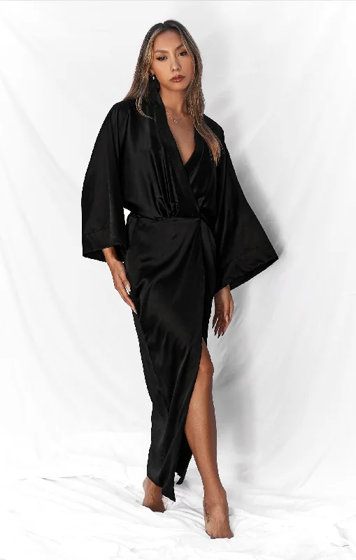 THE SILK KIMONO MAXI DRESS - BLACK Elegant Maxi Dress with Slit