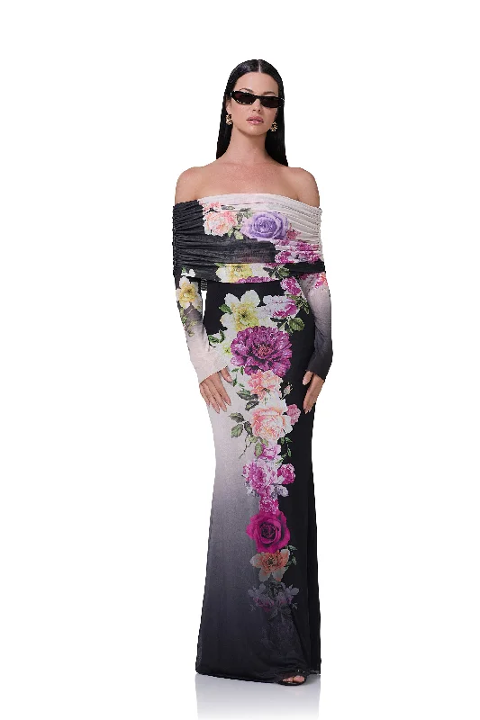 Thelma Maxi Dress - Colorblock Floral Fashionable Off-Shoulder Maxi Dress