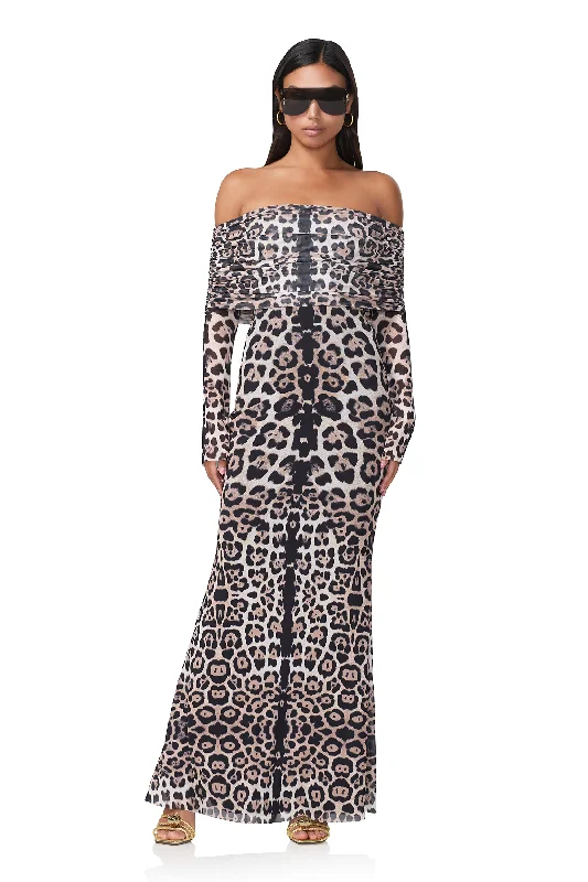 Thelma Maxi Dress - Placed Leopard Stylish Maxi Dress with Pleats