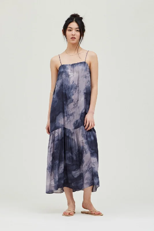 Tie Dye Satin Print Maxi Dress Cozy Maxi Dress with Slit