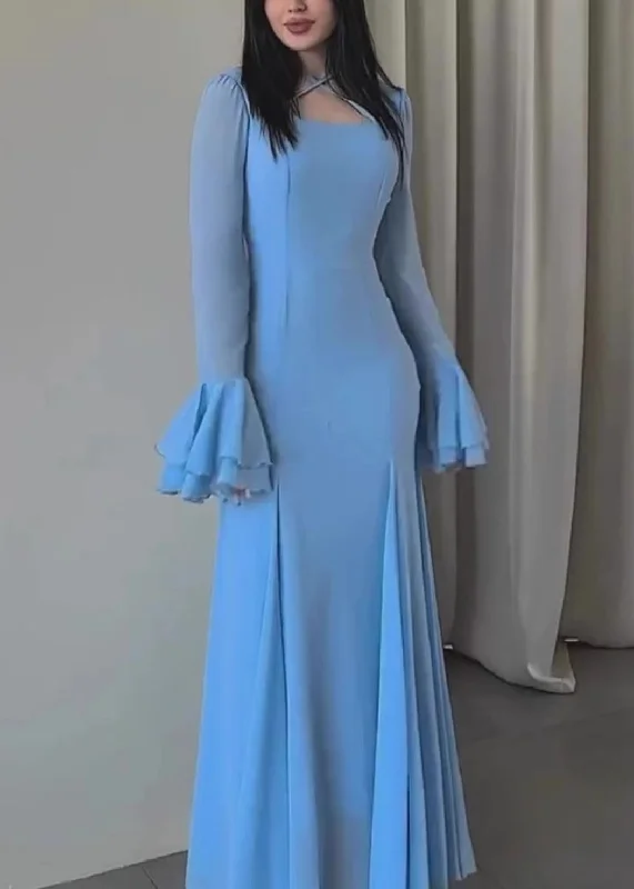 Women Slim Fit Blue U Neck Chiffon Maxi Dresses Butterfly Sleeve QL038 Stylish Long Sleeve Maxi Dress