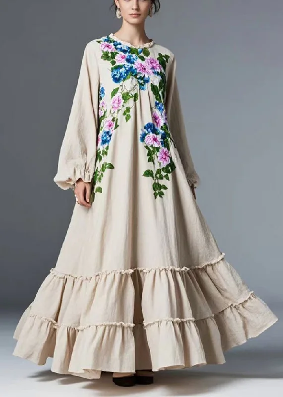 Natural Beige Ruffled Floral Exra Large Hem Cotton Maxi Dresses Fall Chic Sleeveless Maxi Dress Natural Beige Ruffled Floral Exra Large Hem Cotton Maxi Dresses Fall Chic Sleeveless Maxi Dress