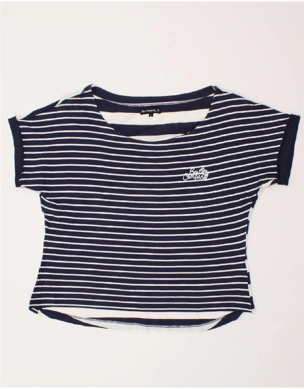 BEST COMPANY Womens T-Shirt Top UK 16 Large Navy Blue Striped Cotton Notch Collar Peter Pan Collar Cowl Neck