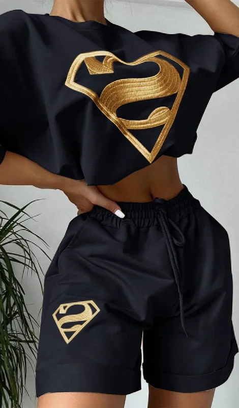 Black Superman T-Shirt And Sweatshorts Two Piece Set Sequined Glittery Shiny