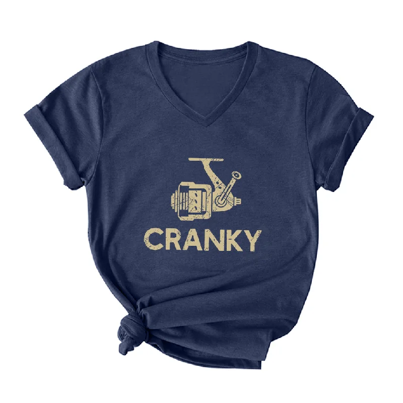 Cranky Fishing V Neck T-Shirt for Women Houndstooth Herringbone Solid