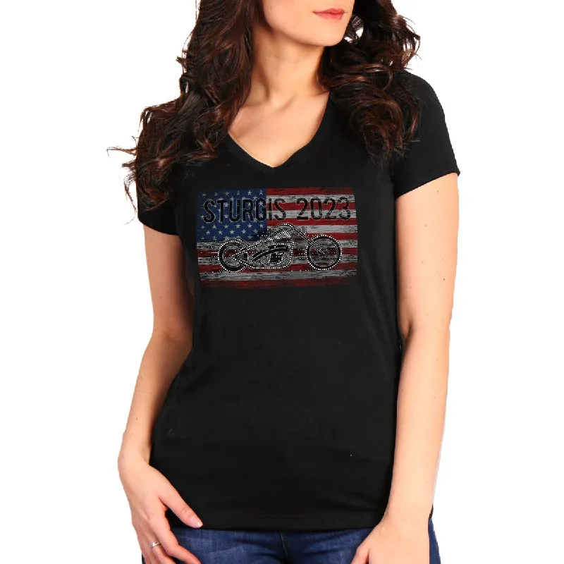 Hot Leathers Sturgis 2023 Ladies Bling Bike T-Shirt, Black Cashmere Blend Cotton Blend Poly Blend Hot Leathers Sturgis 2023 Ladies Bling Bike T-Shirt, Black Cashmere Blend Cotton Blend Poly Blend