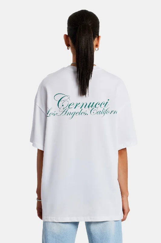 Oversized California Text Print T-Shirt - White Notch Collar Peter Pan Collar Cowl Neck