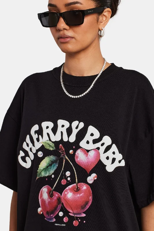 Oversized Cherry Graphic T-Shirt - Black Fleece Nylon Spandex