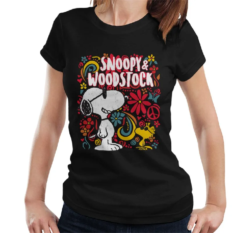 Peanuts 70s Floral Snoopy And Woodstock Women's T-Shirt Rayon Fabric Velvet Fabric Corduroy Fabric Peanuts 70s Floral Snoopy And Woodstock Women's T-Shirt Rayon Fabric Velvet Fabric Corduroy Fabric