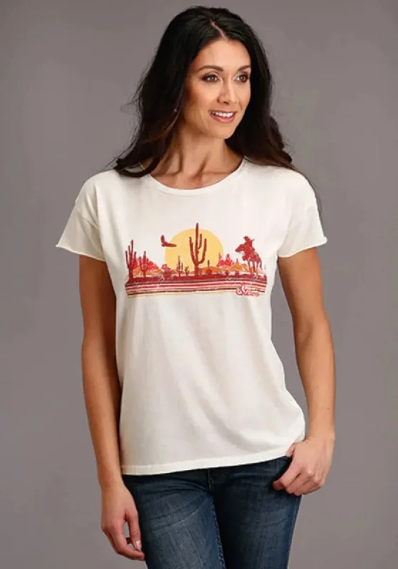 Stetson Cowgirl In Desert (White) - Women's Short Sleeve T-Shirt Silk Blend Satin Velvet