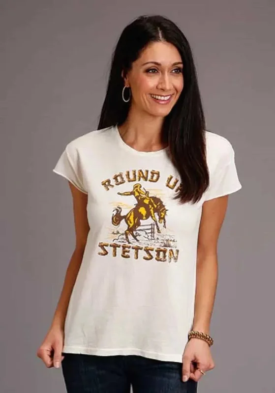 Stetson Round Up (White) - Women's Short Sleeve T-Shirt Handmade Hand-knitted Hand-woven