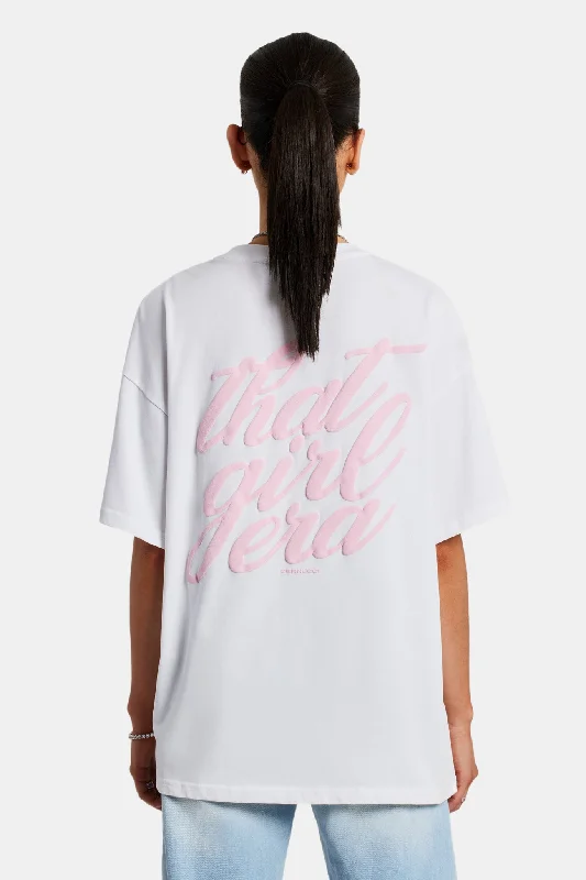 That Girl Era Oversized T-Shirt - White Print Jacquard Patchwork